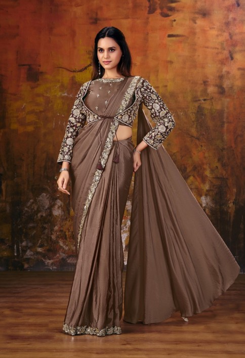 Coffee Brown Embroidered Wedding Party Designer Saree